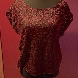 Aerie, short sleeve, maroon, round neck, floral print, mesh top. (S)